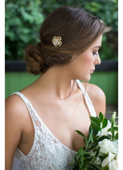 Gilded Flower Hair Pin with Crystal Center - This beautiful, lightweight flower hair pin shines with